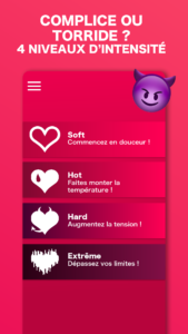 Capture d’écran de l’application jeu sexe pour couple des niveaux soft, hot,  hard et extrême