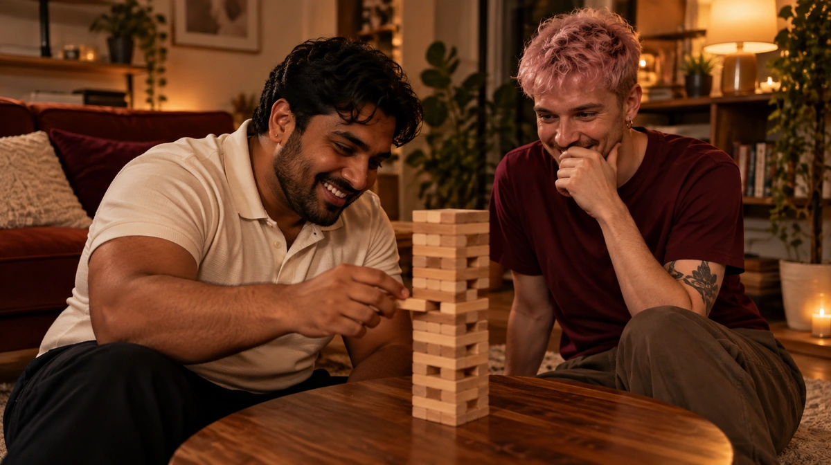 Jeu de société pour couple posé sur une table, ambiance romantique et cosy