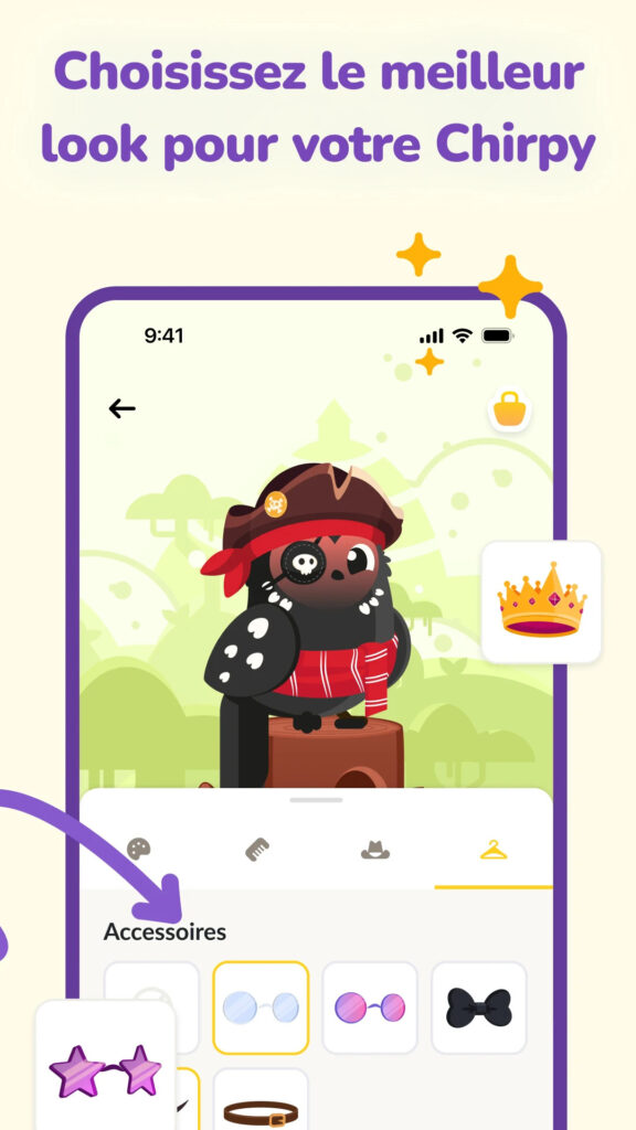 Screenshot 2 de la mort subite avec les questions qui de nous deux Vue de l'application : Utilisez les Plums et les jetons pour débloquer des accessoires exclusif pour Chirpy