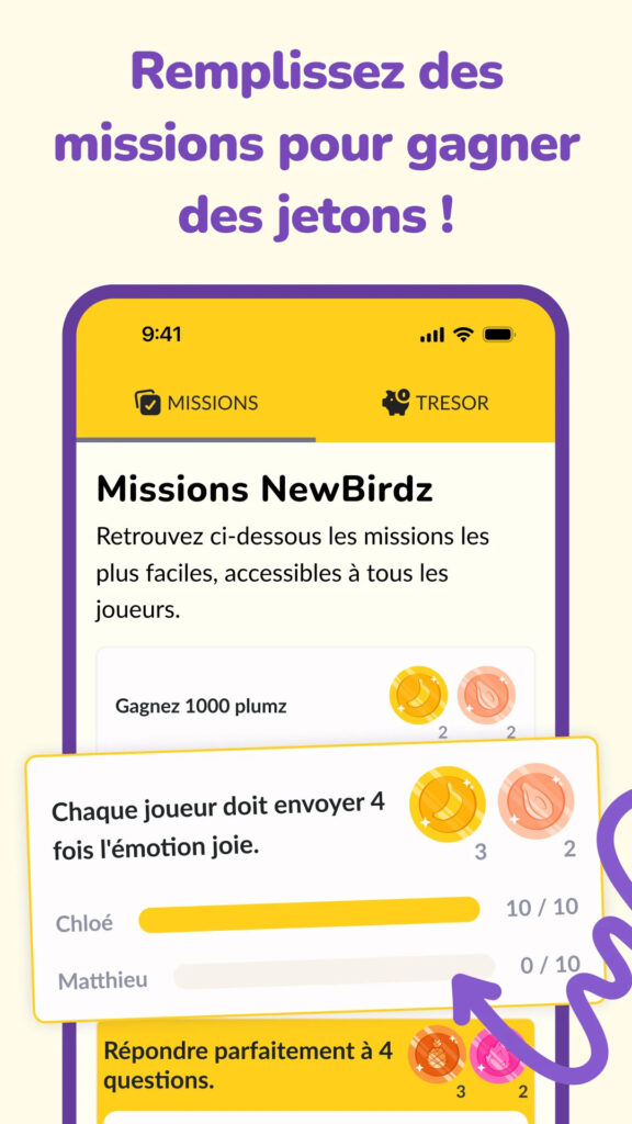 Vue de l'application LovBirdz : remplissez des missions pour gagner des jetons