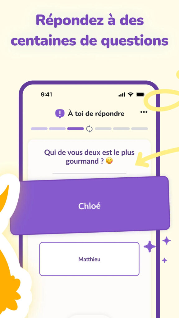 Vue de l'application LovBirdz : Répondez à des centaines de questions