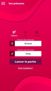 Capture d’écran de l’application jeu sexe pour couple des prénoms et différentes orientations