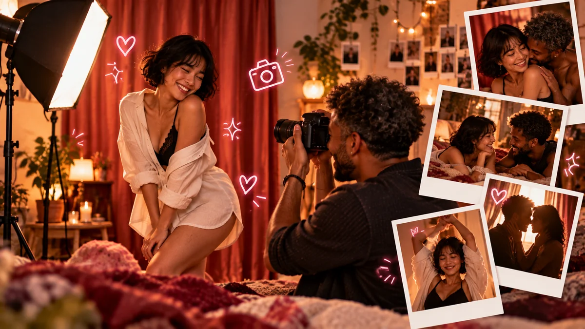 Couple posant pour un shooting photo coquin à domicile