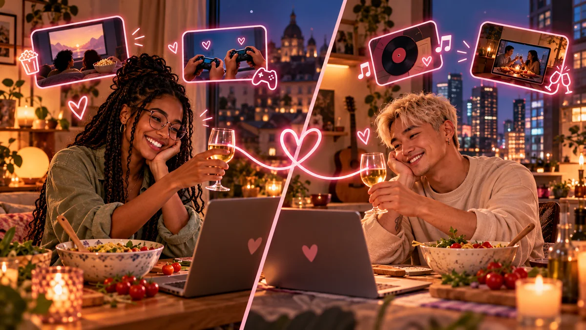 Couple heureux partageant une date relation à distance via visioconférence
