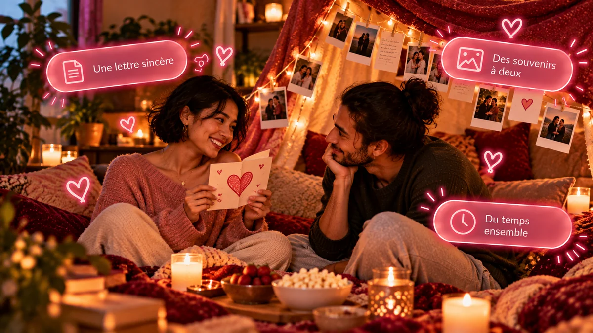 Faire une surprise à son amoureux sans argent Couple souriant s’enlaçant dans un salon et qui ouvre un cadeau