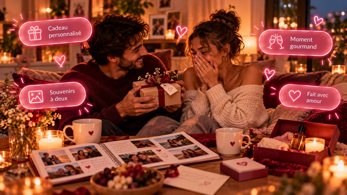 Idées cadeaux pour un anniversaire de couple réussi Couple échangeant un cadeau pour leur premier anniversaire