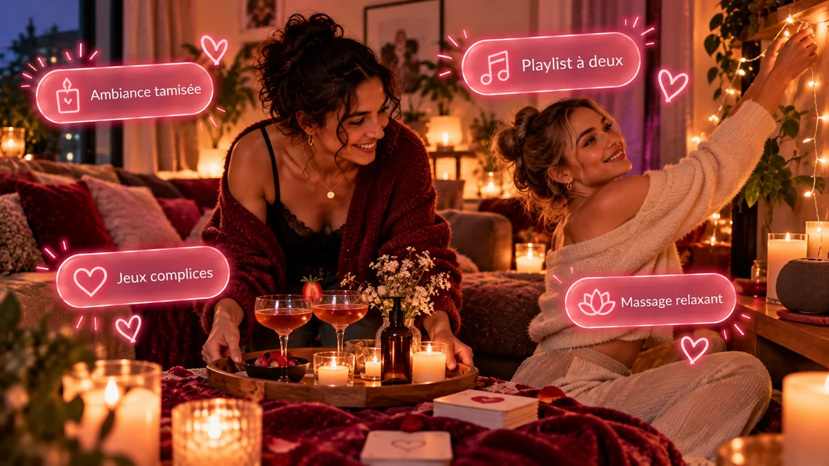 Idée soirée sensuelle maison, conseils pour une soirée intime et complice Couple partageant une soirée sensuelle à la maison avec bougies et ambiance romantique