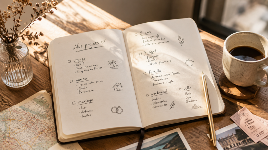 Petit journal avec "Nos projets" écrit et la liste des envie et rêve pour son couple (voyage, maison, week-end et sorties, famille, etc.)