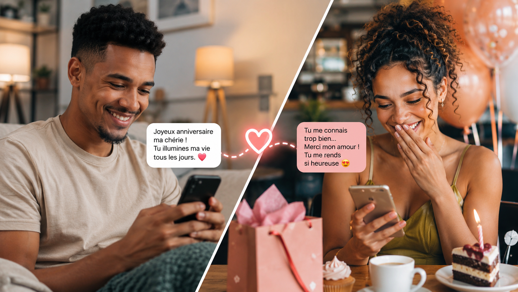 Couple heureux échangeant un message touchant pour un anniversaire
