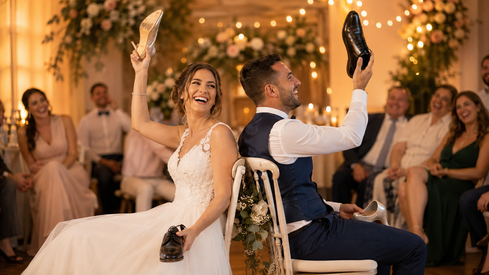 Jeu mariage elle et lui : animation et questions Mariés jouant au jeu elle et lui pendant leur mariage