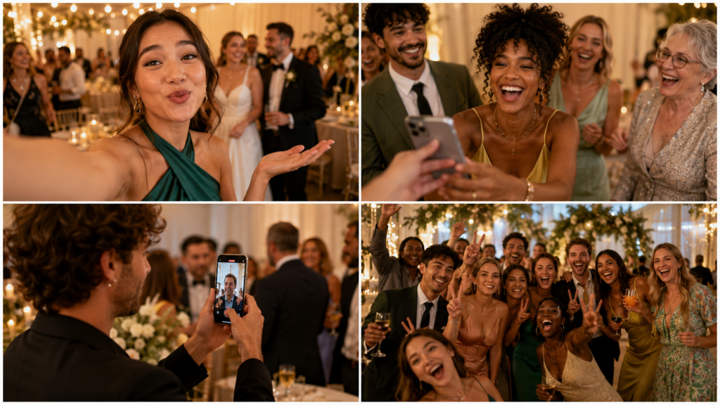 Un groupe d'invitĂ©s se film lors d'une fĂȘte de mariage jouant au jeu connu sur TikTok "je passe le tĂ©lĂ©phone Ă "