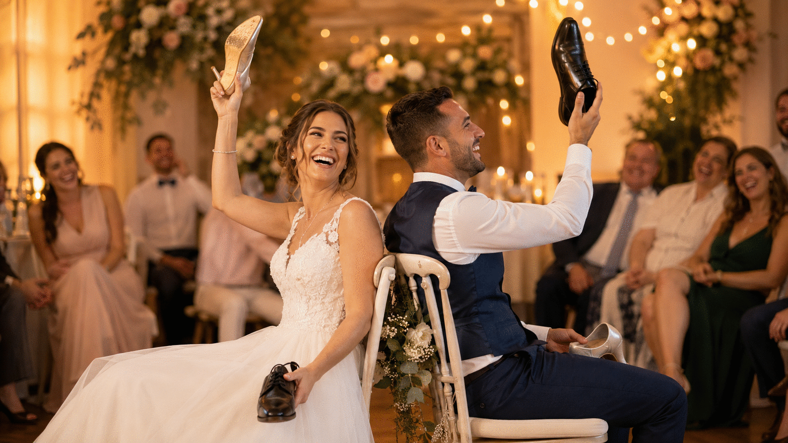 Jeu mariage elle et lui : animation et questions Mariés jouant au jeu elle et lui pendant leur mariage