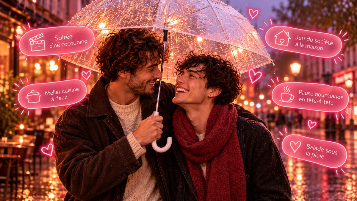 Idées de rendez-vous romantiques pour jours de pluie Couple profitant d'un rendez-vous romantique pendant une journée de pluie