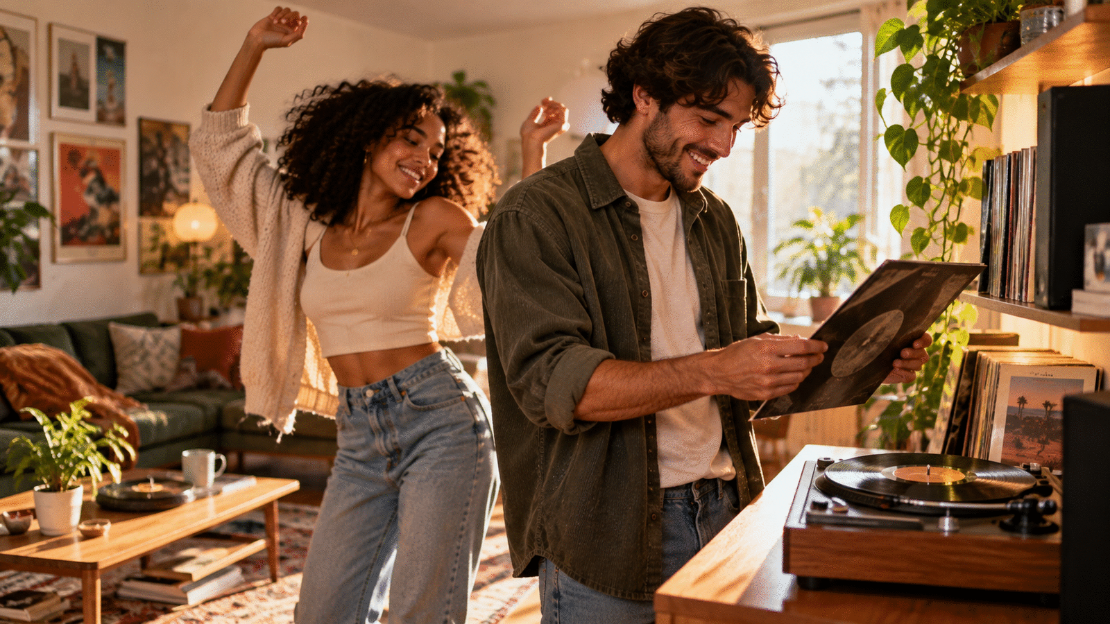 Couple partageant un moment complice autour de la musique et d’une platine vinyle